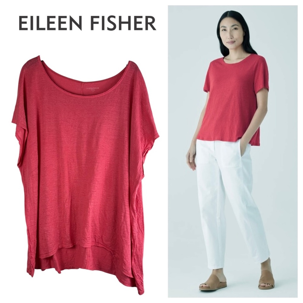 Eileen Fisher Sz 3X 22 24 Shirt Top Tee 100% LINEN Coral Pink Flowy Coastal